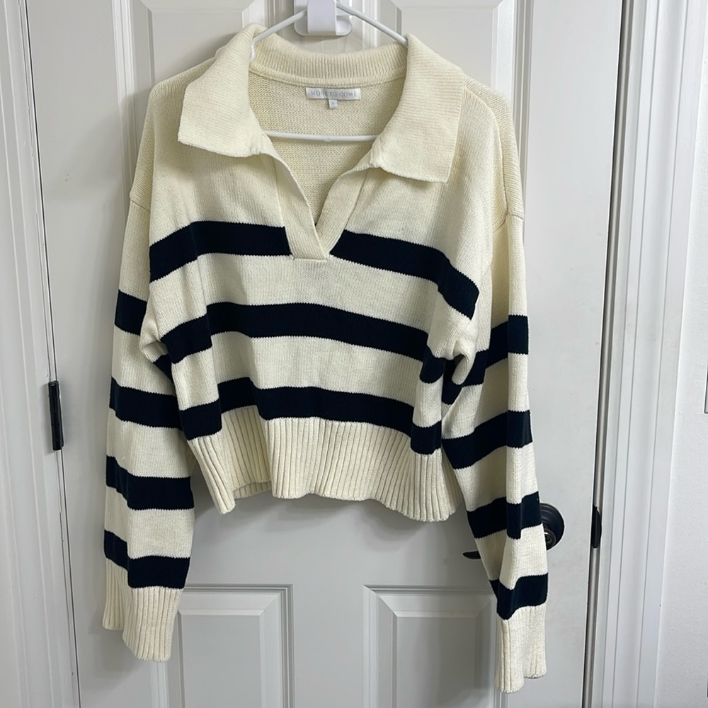 Black and White V-Neck Sweater with Nautical Stripes